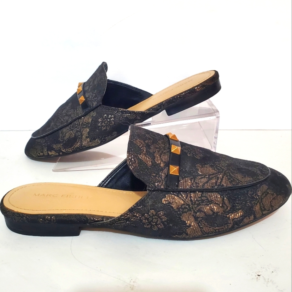 Marc Fisher Wishing black metallic gold floral brocade studded mule shoes 7.5